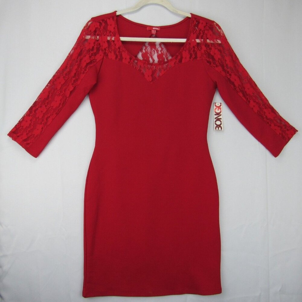 VTG Bongo Y2K Dress Junior Women Size Large Red 3/4 Lace Sleeve Pullover Fitted